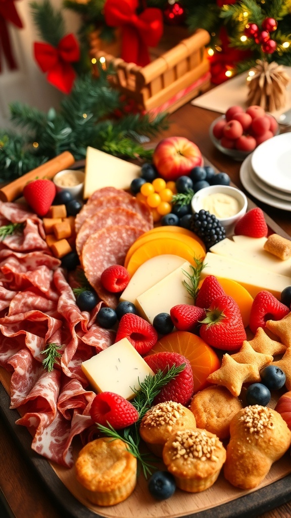A festive charcuterie board with meats, cheeses, fruits, and pastries, decorated for Christmas.